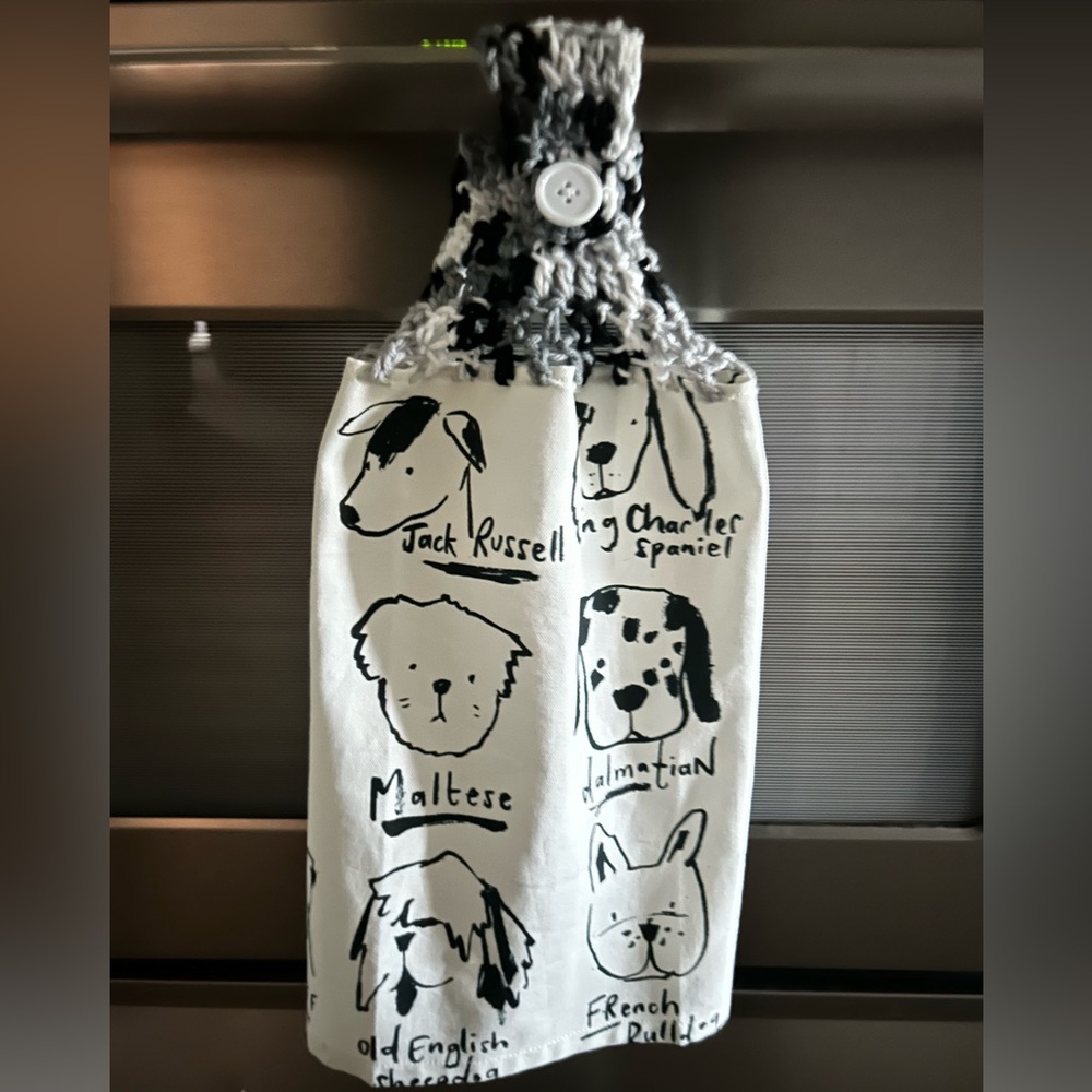 Hand Crafted Black & White Dog Print Hanging Kitchen Hand Towel - Picture 5 of 9